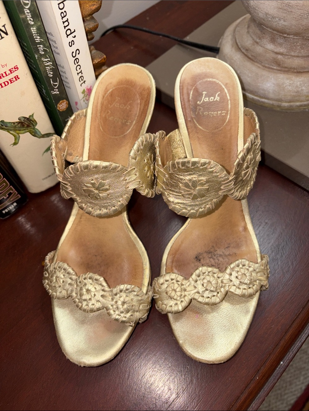 Jack Rogers gold slide wedges cork bottom 8.5